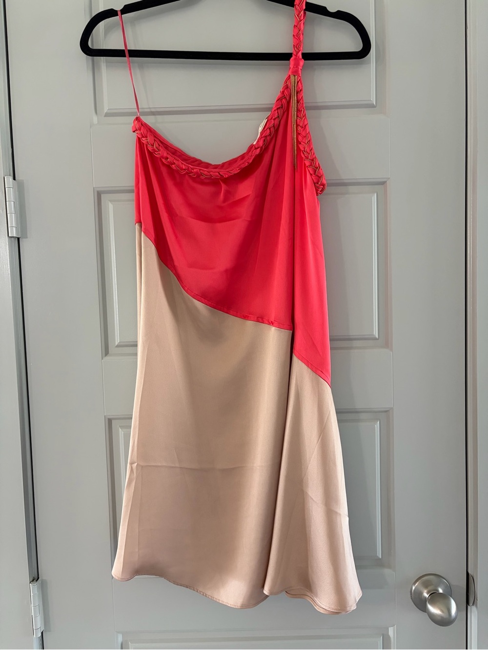 Double Zero Coral Colorblock Braided Gold Bead One Shoulder Satin Dress Size M